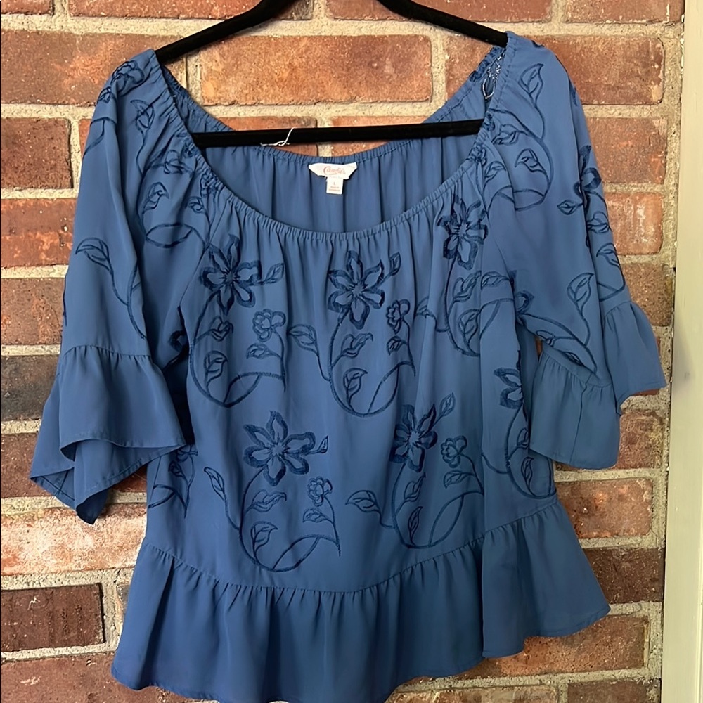 Blue Floral Embroidered Women's Top